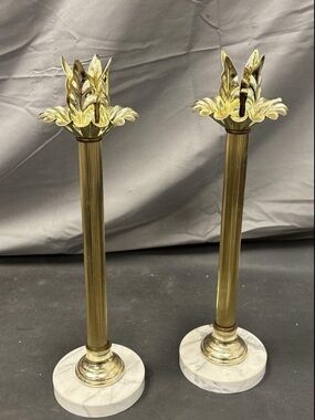 Gold Leaf Candlestick Pair with White Marble Bases